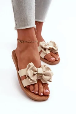 Klapki Damskie Z Kokardą Beżowe Rivarina