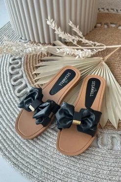 Klapki Damskie Z Kokardą Czarne Rivarina