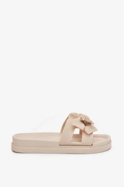 Klapki Damskie Z Kokardą I Złotą Broszką Jasnobeżowe Lynara