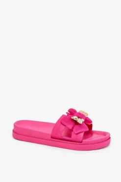 Klapki Damskie Z Kokardą I Złotą Broszką Fuksja Lynara