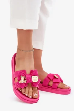 Klapki Damskie Z Kokardą I Złotą Broszką Fuksja Lynara
