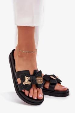 Klapki Damskie Z Kokardą I Złotą Broszką Czarne Lynara