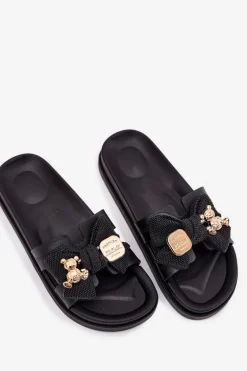 Klapki Damskie Z Kokardą I Złotą Broszką Czarne Lynara