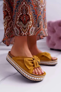 Klapki Damskie Z Kokardami Gruba Podeszwa Żółte Milady