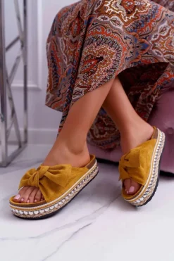 Klapki Damskie Z Kokardami Gruba Podeszwa Żółte Milady