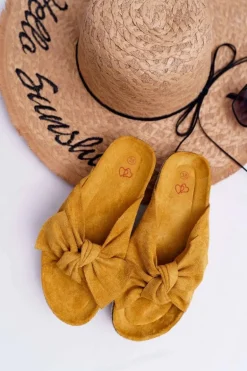 Klapki Damskie Z Kokardami Gruba Podeszwa Żółte Milady