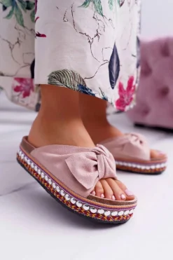 Klapki Damskie Z Kokardami Gruba Podeszwa Różowe Milady