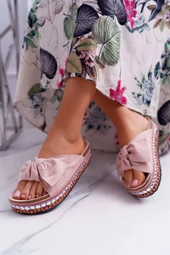 Klapki Damskie Z Kokardami Gruba Podeszwa Różowe Milady