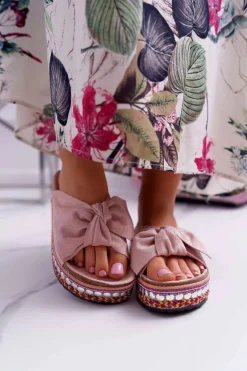 Klapki Damskie Z Kokardami Gruba Podeszwa Różowe Milady