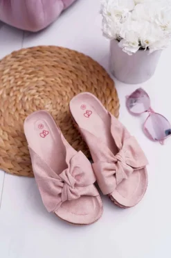 Klapki Damskie Z Kokardami Gruba Podeszwa Różowe Milady