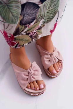 Klapki Damskie Z Kokardami Gruba Podeszwa Różowe Milady