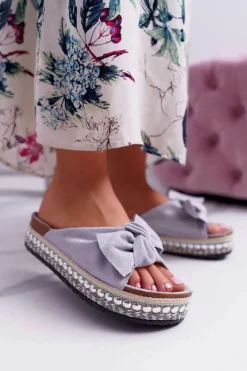 Klapki Damskie Z Kokardami Gruba Podeszwa Szare Milady