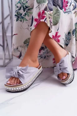 Klapki Damskie Z Kokardami Gruba Podeszwa Szare Milady