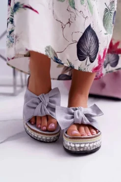 Klapki Damskie Z Kokardami Gruba Podeszwa Szare Milady