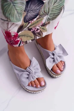 Klapki Damskie Z Kokardami Gruba Podeszwa Szare Milady