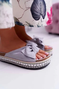Klapki Damskie Z Kokardami Gruba Podeszwa Szare Milady