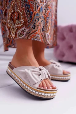 Klapki Damskie Z Kokardami Gruba Podeszwa Beżowe Milady