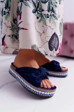 Klapki Damskie Z Kokardami Gruba Podeszwa Granatowe Milady