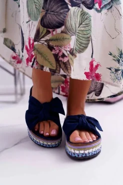 Klapki Damskie Z Kokardami Gruba Podeszwa Granatowe Milady