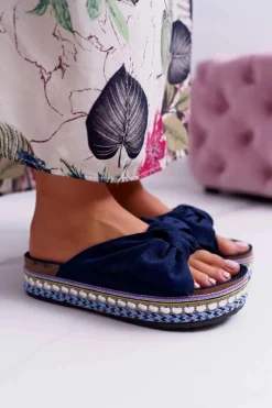 Klapki Damskie Z Kokardami Gruba Podeszwa Granatowe Milady