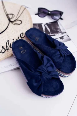 Klapki Damskie Z Kokardami Gruba Podeszwa Granatowe Milady