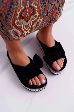 Klapki Damskie Z Kokardami Gruba Podeszwa Czarne Milady