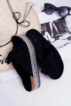 Klapki Damskie Z Kokardami Gruba Podeszwa Czarne Milady