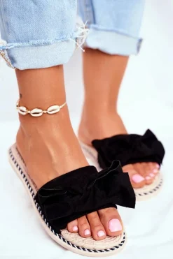 Klapki Damskie Z Kokardką Czarne Happiness