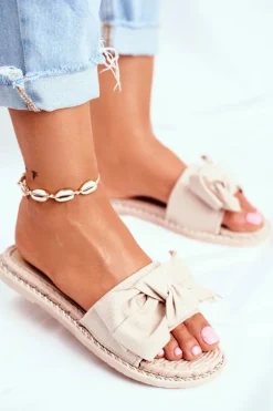 Klapki Damskie Z Kokardką Beżowe Happiness