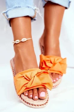 Klapki Damskie Z Kokardką Pomarańczowy Neon Happiness