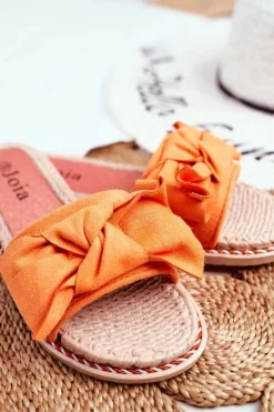 Klapki Damskie Z Kokardką Pomarańczowy Neon Happiness