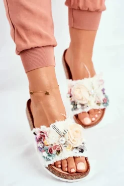 Klapki Damskie Z Kwiatami Białe Enrissa