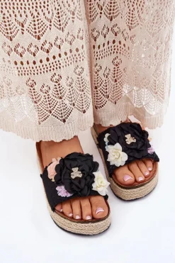 Klapki Damskie Z Kwiatami Platforma Z Plecionką Czarne Zenvanis