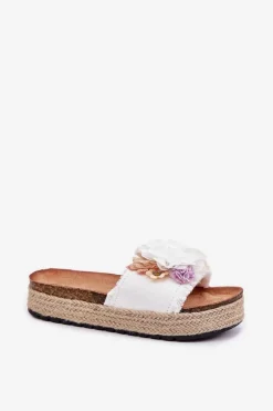 Klapki Damskie Z Kwiatami Platforma Z Plecionką Białe Zenvanis