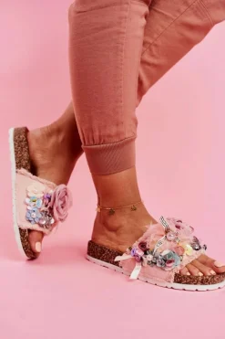 Klapki Damskie Z Kwiatami Różowe Enrissa