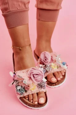 Klapki Damskie Z Kwiatami Różowe Enrissa