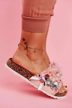 Klapki Damskie Z Kwiatami Różowe Enrissa