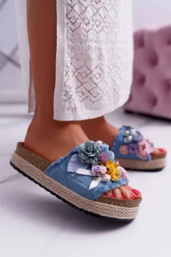 Klapki Damskie Z Kwiatami Gruba Podeszwa Niebieskie Amadeo