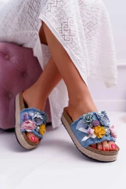 Klapki Damskie Z Kwiatami Gruba Podeszwa Niebieskie Amadeo