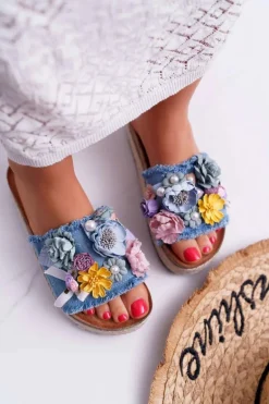 Klapki Damskie Z Kwiatami Gruba Podeszwa Niebieskie Amadeo