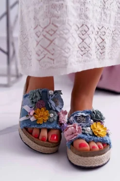 Klapki Damskie Z Kwiatami Gruba Podeszwa Niebieskie Amadeo