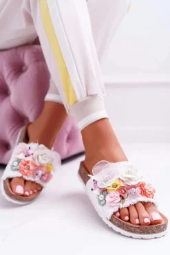 Klapki Damskie Z Kwiatami Białe Enrissa