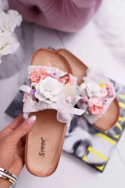 Klapki Damskie Z Kwiatami Białe Enrissa