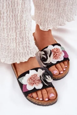 Klapki Damskie Z Kwiatkami Na Korkowej Platformie Czarne Zinrosa