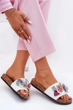 Klapki Damskie Z Kwiatkami Na Korkowej Platformie Białe Zinrosa