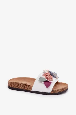 Klapki Damskie Z Kwiatkami Na Korkowej Platformie Białe Zinrosa
