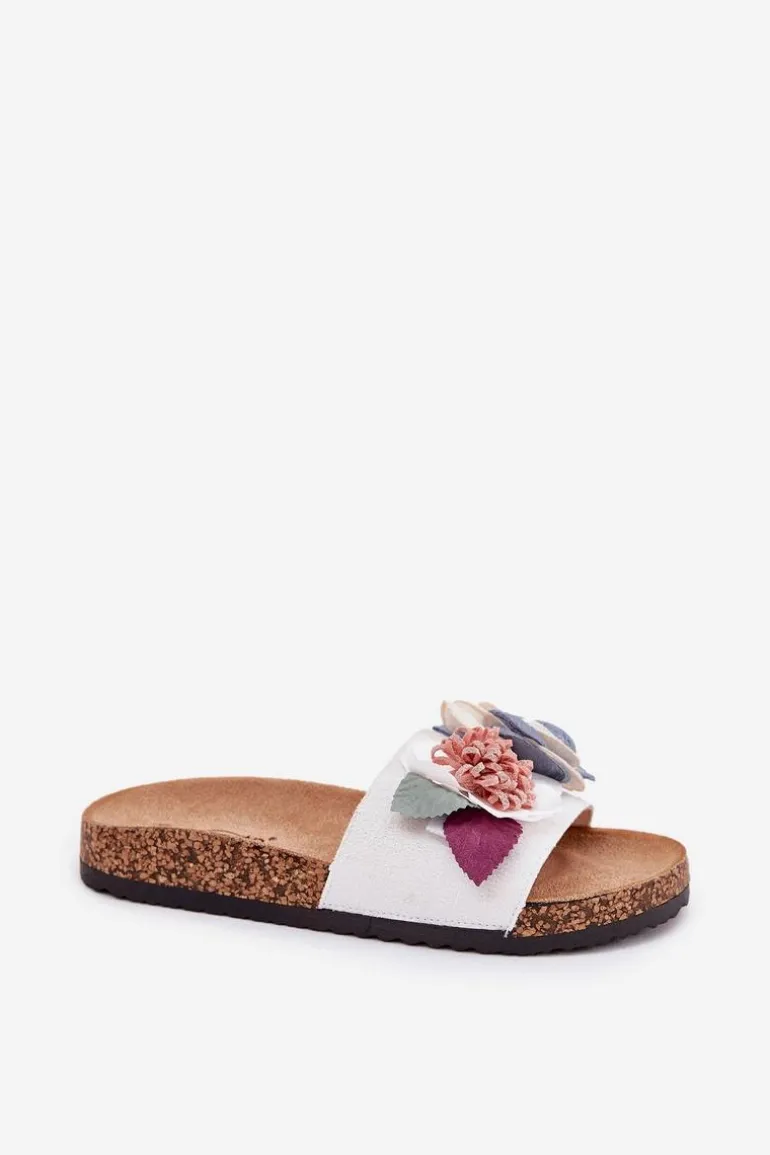 Klapki Damskie Z Kwiatkami Na Korkowej Platformie Białe Zinrosa