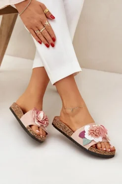 Klapki Damskie Z Kwiatkami Na Korkowej Platformie Różowe Zinrosa