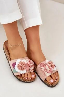 Klapki Damskie Z Kwiatkami Na Korkowej Platformie Różowe Zinrosa