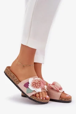 Klapki Damskie Z Kwiatkami Na Korkowej Platformie Różowe Zinrosa